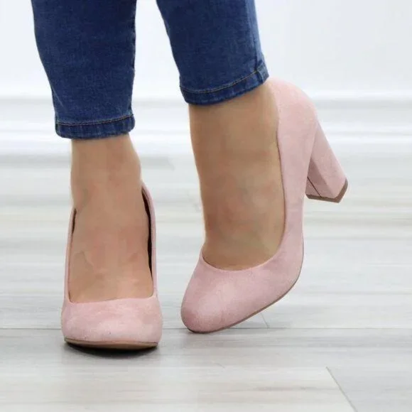 Rose Faux Suede Slip On Block High Heel Pumps - Picture 5 of 15